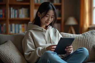 Jeune femme lisant des scans manga sur une tablette dans un salon cosy avec des volumes manga en arrière-plan