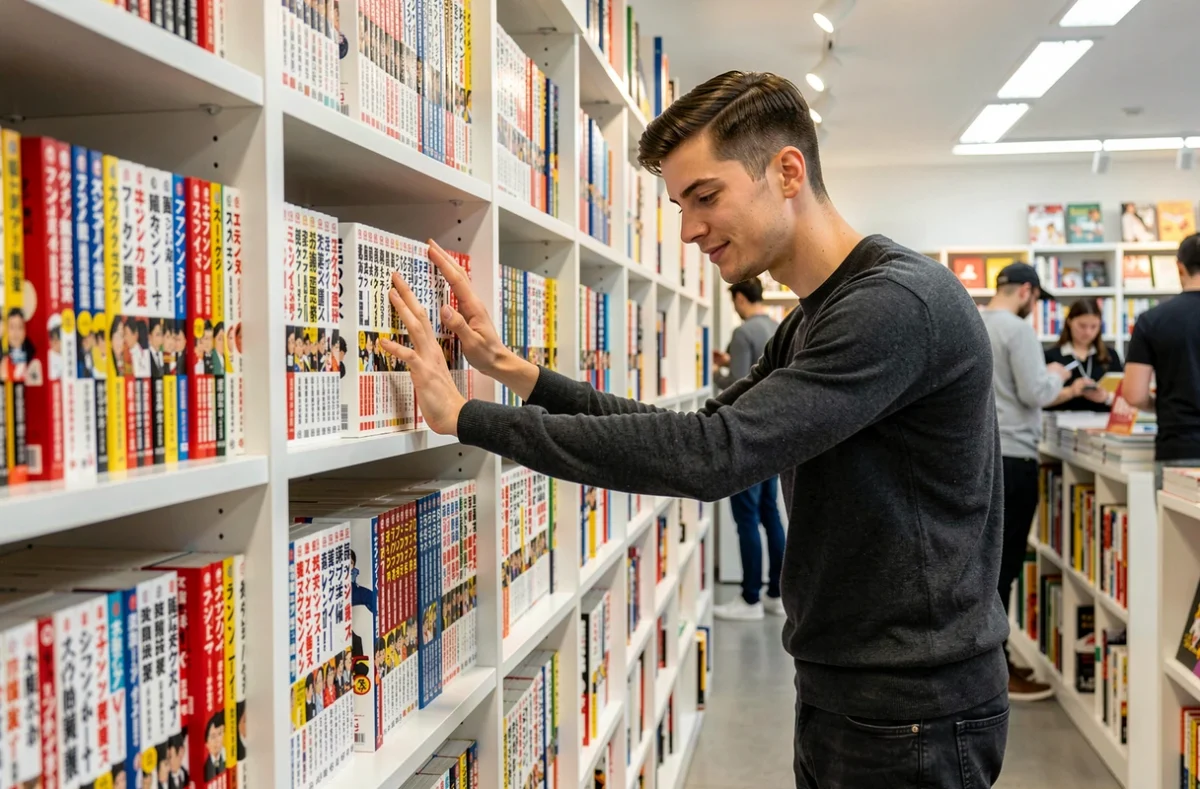 Jeune homme parcourant des mangas en librairie dans le rayon des bandes dessinées japonaises
