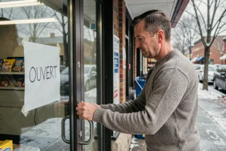 Commerçant ouvrant son magasin le 1er janvier, panneau ouvert visible sur la vitrine en hiver