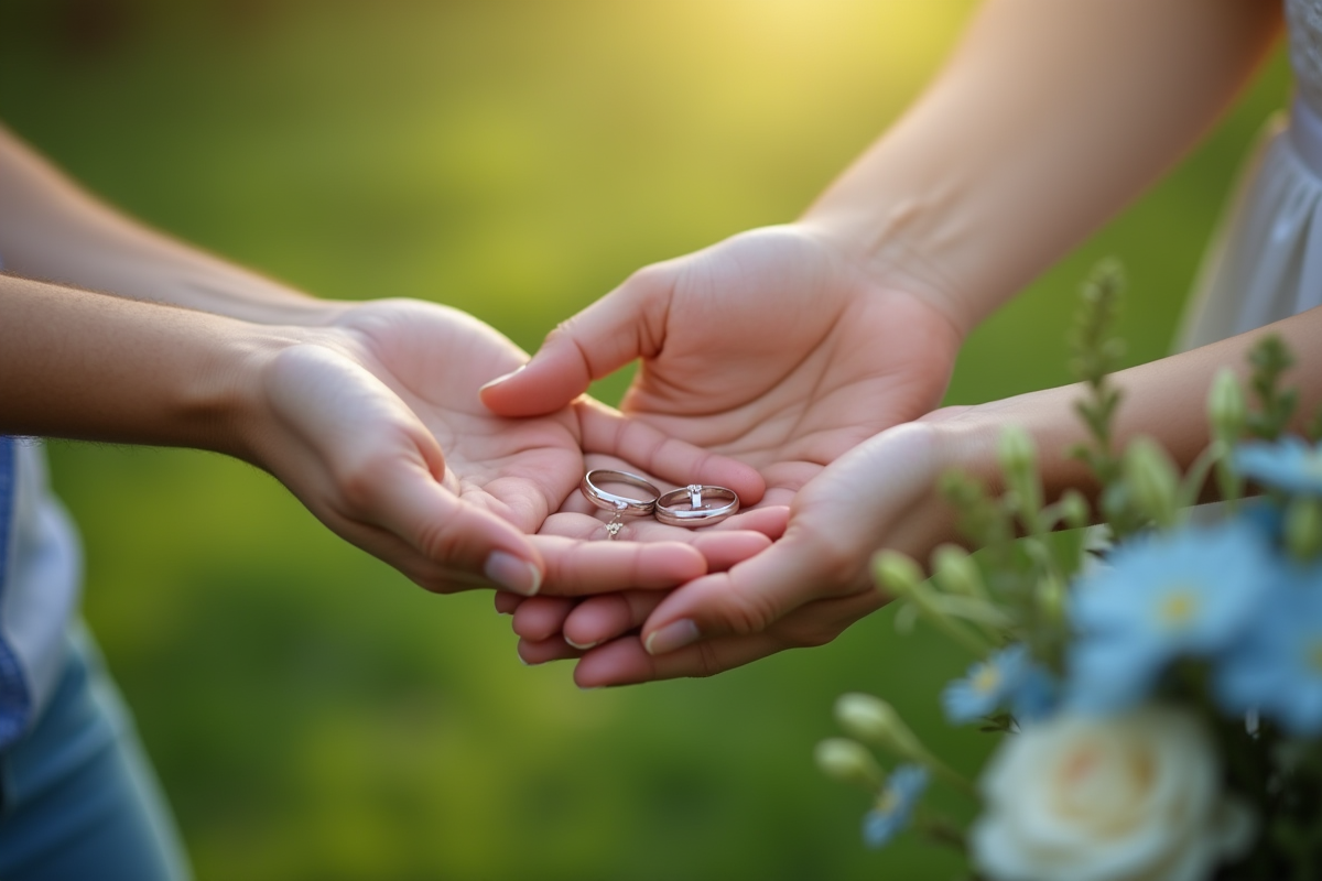 Mains avec alliances de mariage dans un parc verdoyant