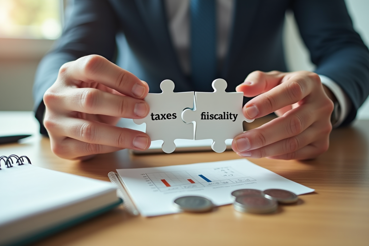 Deux mains tenant des pièces de puzzle taxes et fiscalité sur une table