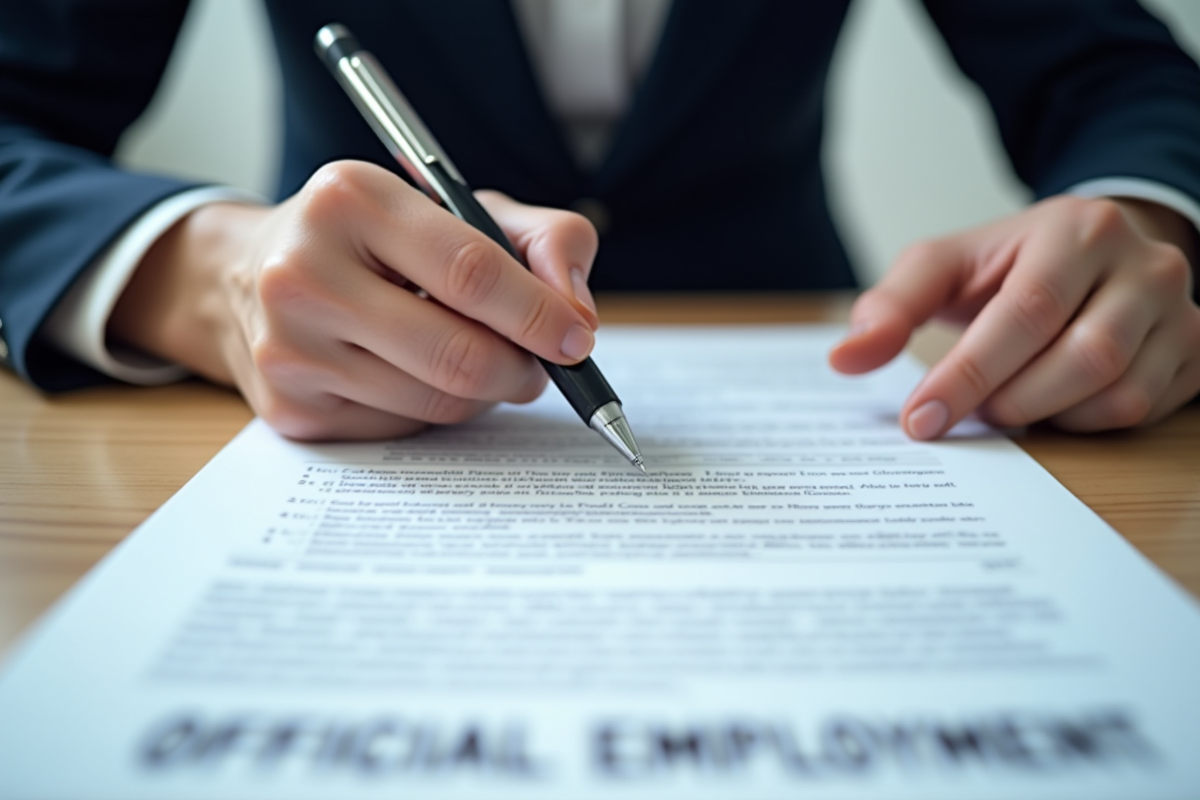 Mains tenant des documents officiels d emploi et un stylo sur un bureau bien éclairé