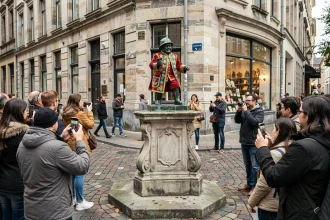 Le Manneken-Pis en costume cérémoniel entouré de touristes dans la rue de l'Étuve à Bruxelles