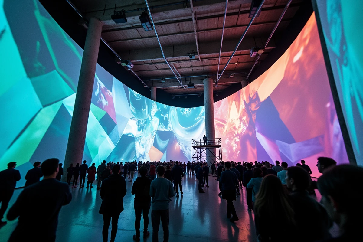 Installation de mapping vidéo immersif projeté sur les murs d'un entrepôt lors d'un événement de scénographie