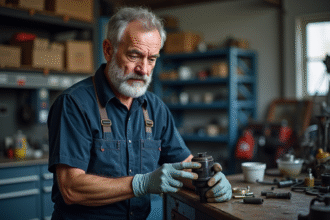 Mécanicien homme en overalls inspectant un silentbloc