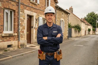 Électricien professionnel dans l'Allier devant un bâtiment résidentiel, représentant le classement des meilleurs électriciens de la région