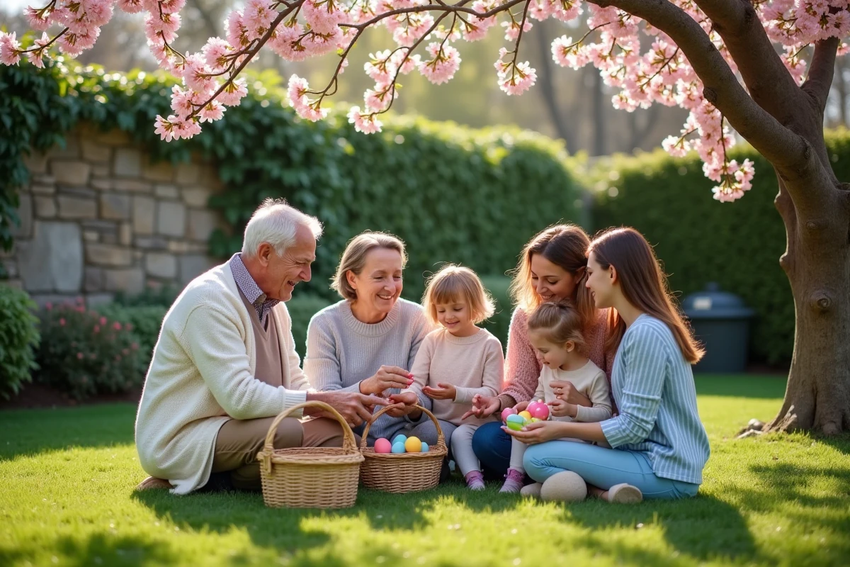 Famille réunie dans un jardin fleuri pour célébrer Pâques en échangeant des cartes et des œufs décorés sous un cerisier en fleurs