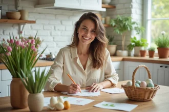 Femme écrivant des messages de Pâques sur des cartes entourées d'œufs décorés et de fleurs printanières dans une cuisine rustique