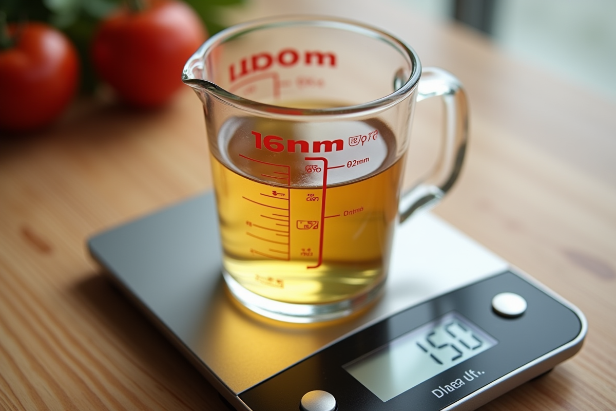 Verre doseur avec 150 ml d'eau et balance de cuisine