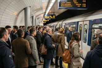 Station de métro ligne 14 bondée aux heures de pointe avec des voyageurs pressés sur le quai à Paris
