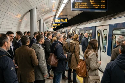 Station de métro ligne 14 bondée aux heures de pointe avec des voyageurs pressés sur le quai à Paris