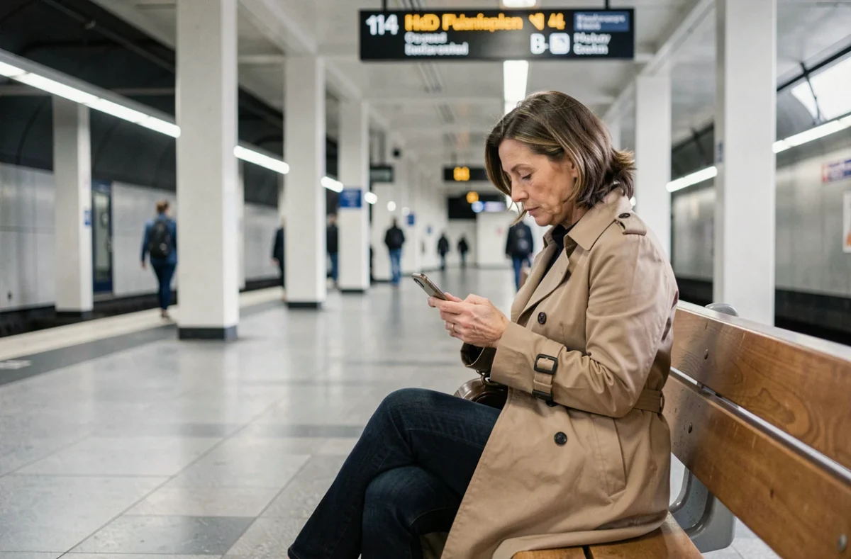 Voyageuse seule assise sur un quai calme de la ligne 14 en dehors des heures de pointe