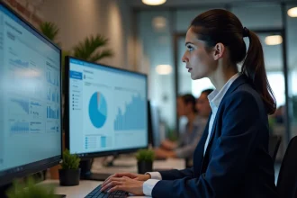 Femme cadre analysant un tableau de bord de migration logicielle vers une nouvelle plateforme compétitive en 2026 dans un bureau moderne