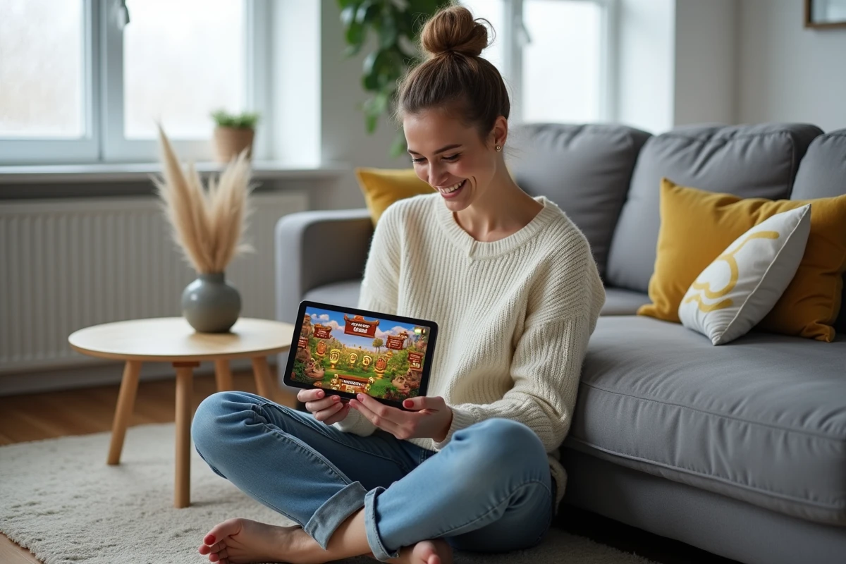 Femme découvrant un événement Tycoon Club sur tablette dans un salon moderne et minimaliste