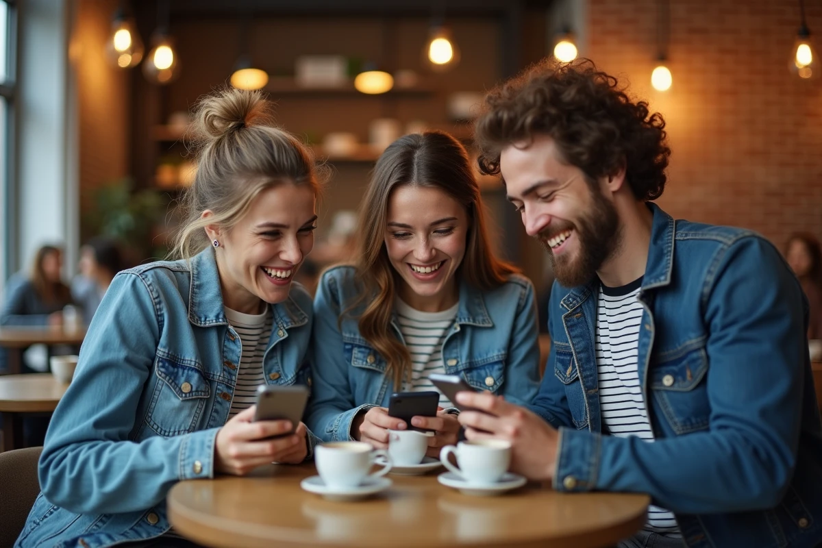 Groupe d'amis comparant leurs progrès dans un événement spécial Monopoly GO dans un café
