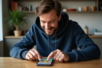 Homme jouant à Monopoly GO sur smartphone avec interface de club événement spécial visible à l'écran