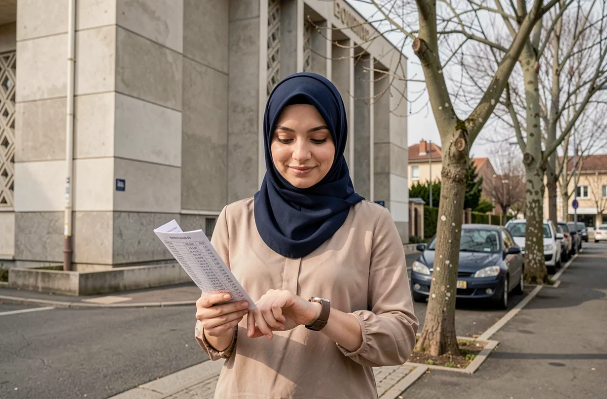 Femme musulmane devant une mosquée de Neuilly-sur-Marne avec le planning des prières 2026