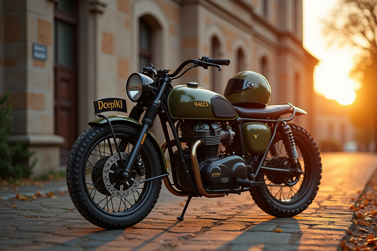 Moto militaire française stationnée près d un bâtiment ancien au lever du soleil