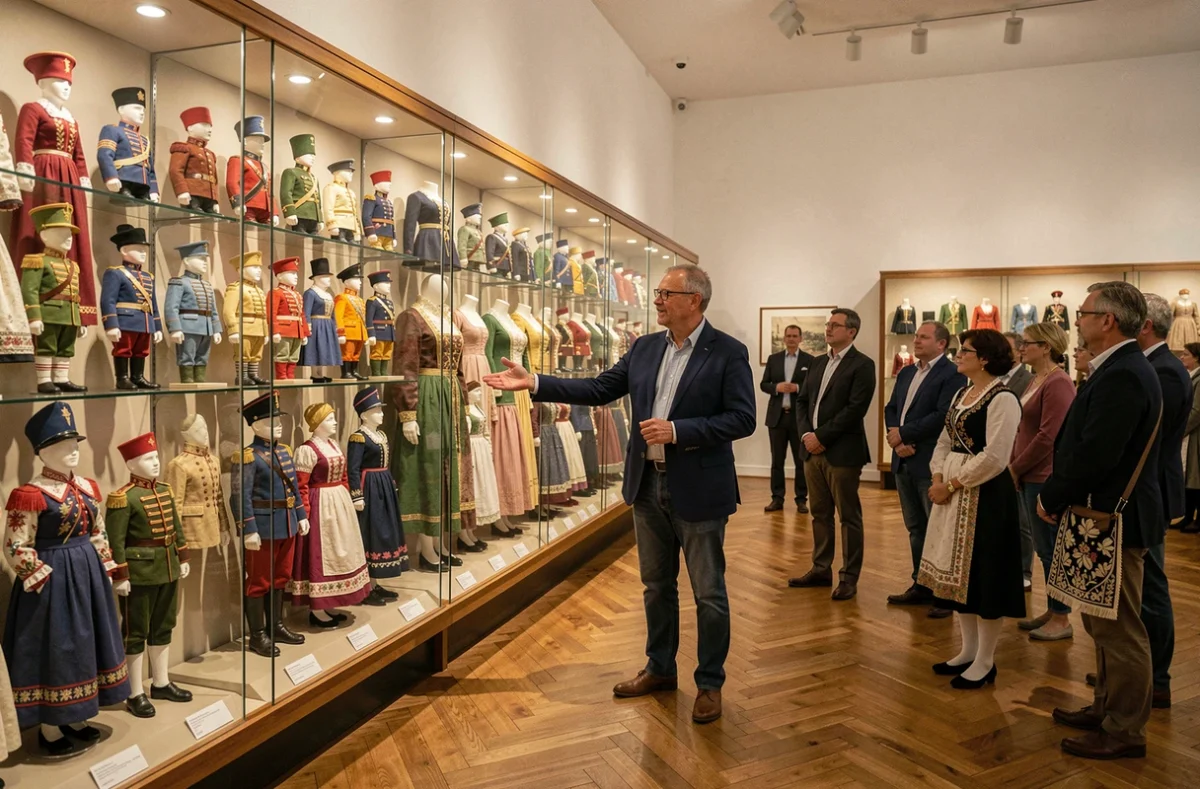 Intérieur du musée des costumes du Manneken-Pis à Bruxelles avec vitrines et guide