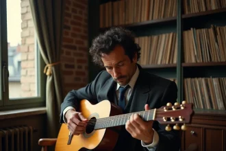 Musicien de jazz tenant une guitare acoustique dans un appartement parisien bohème avec des paroles manuscrites sur une table en bois