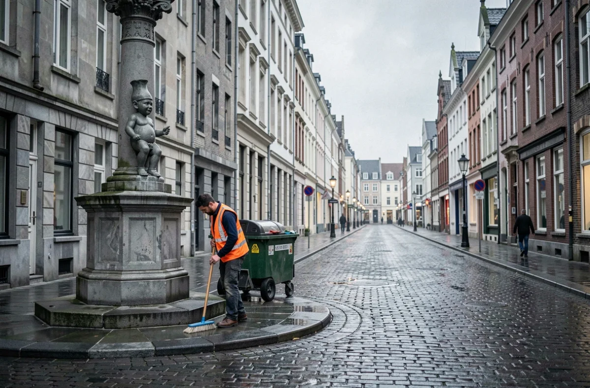 Agent municipal nettoyant les pavés autour du Manneken-Pis tôt le matin à Bruxelles