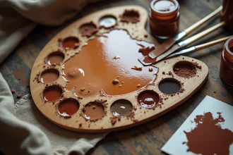 Palette de peintre avec des mélanges de marron terne et gris à corriger, outils de colorimétrie sur table en bois