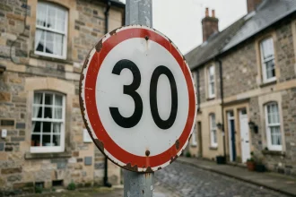 Panneau de limitation de vitesse 30 mph dans un village anglais typique avec maisons en pierre