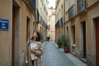 Femme consultant une carte devant le panneau de l'impasse des Lilas dans une ruelle pavée typique d'un quartier français