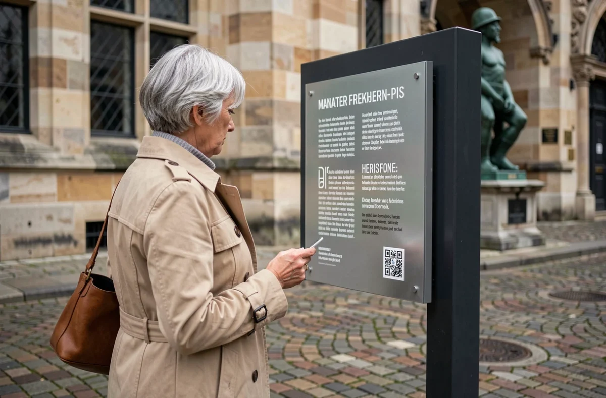 Panneau d'information patrimoniale bilingue installé près du Manneken-Pis à Bruxelles