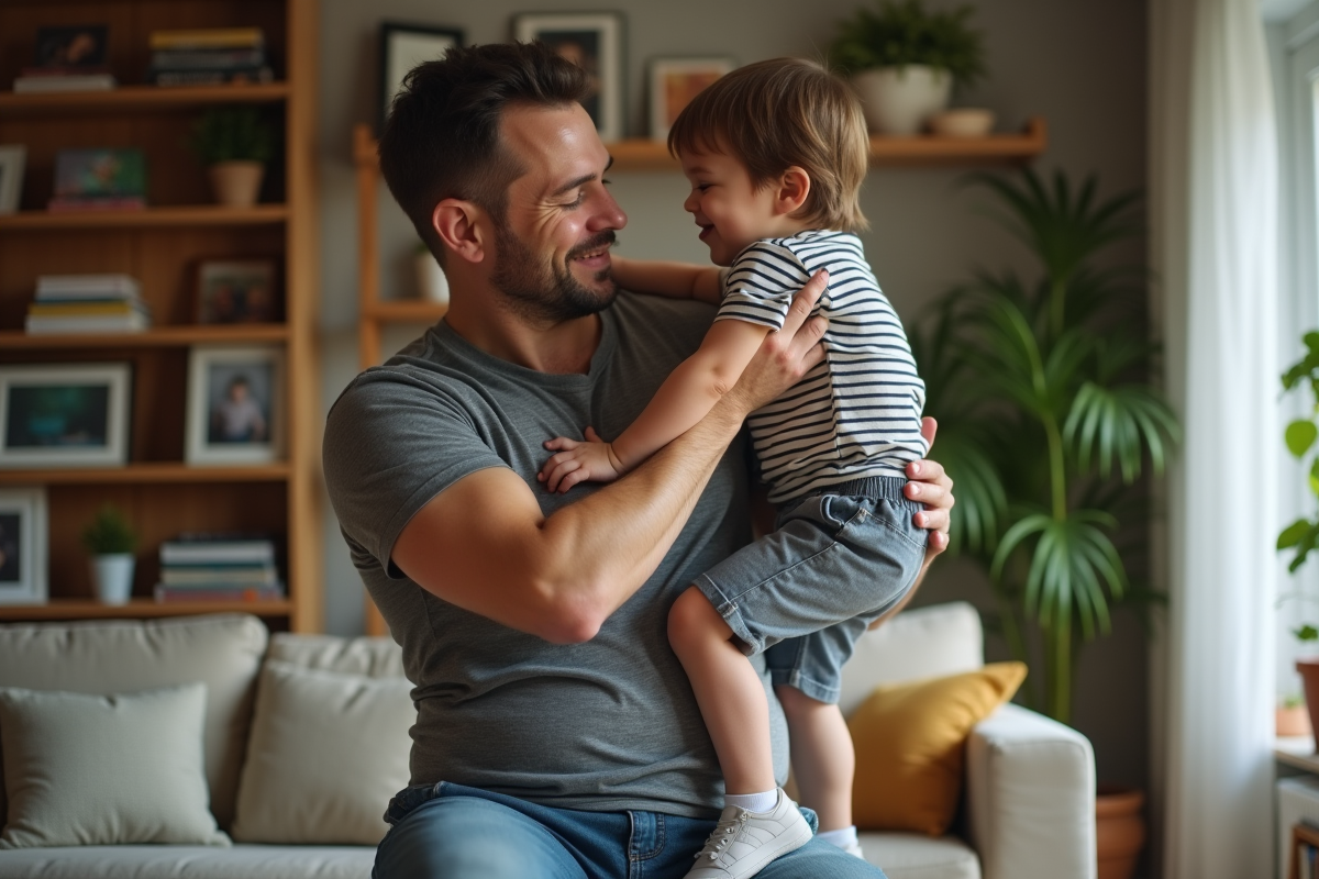 Père jouant avec son fils dans un salon chaleureux