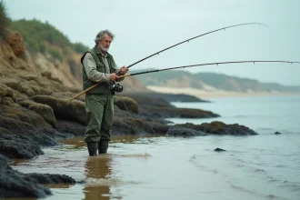 Pêcheur en waders dans les eaux peu profondes à marée basse sur la côte vendéenne près de Saint-Hilaire-de-Riez