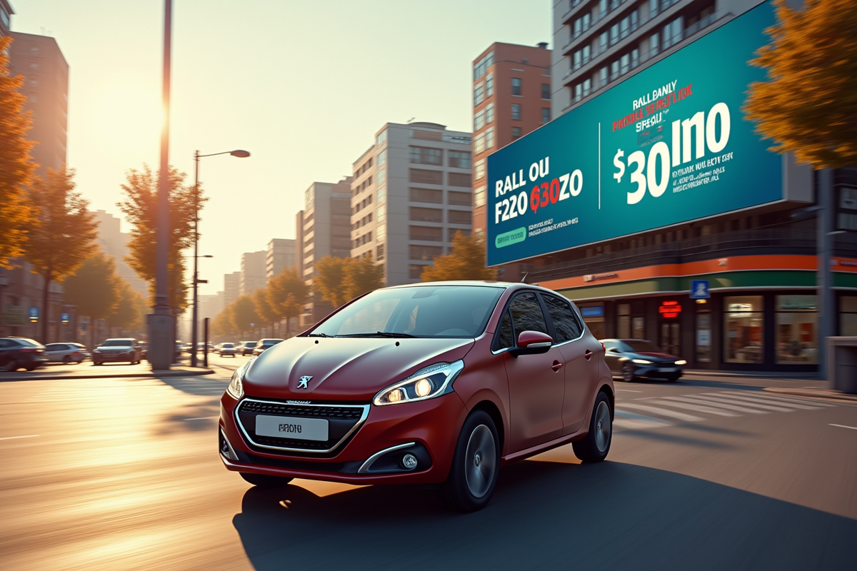 Peugeot 208 en conduite en ville avec panneau promotionnel