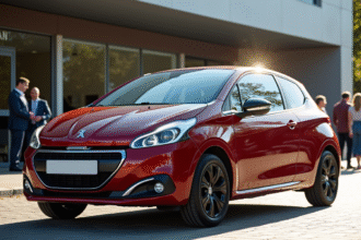 Peugeot 208 neuve devant concessionnaire ensoleillee