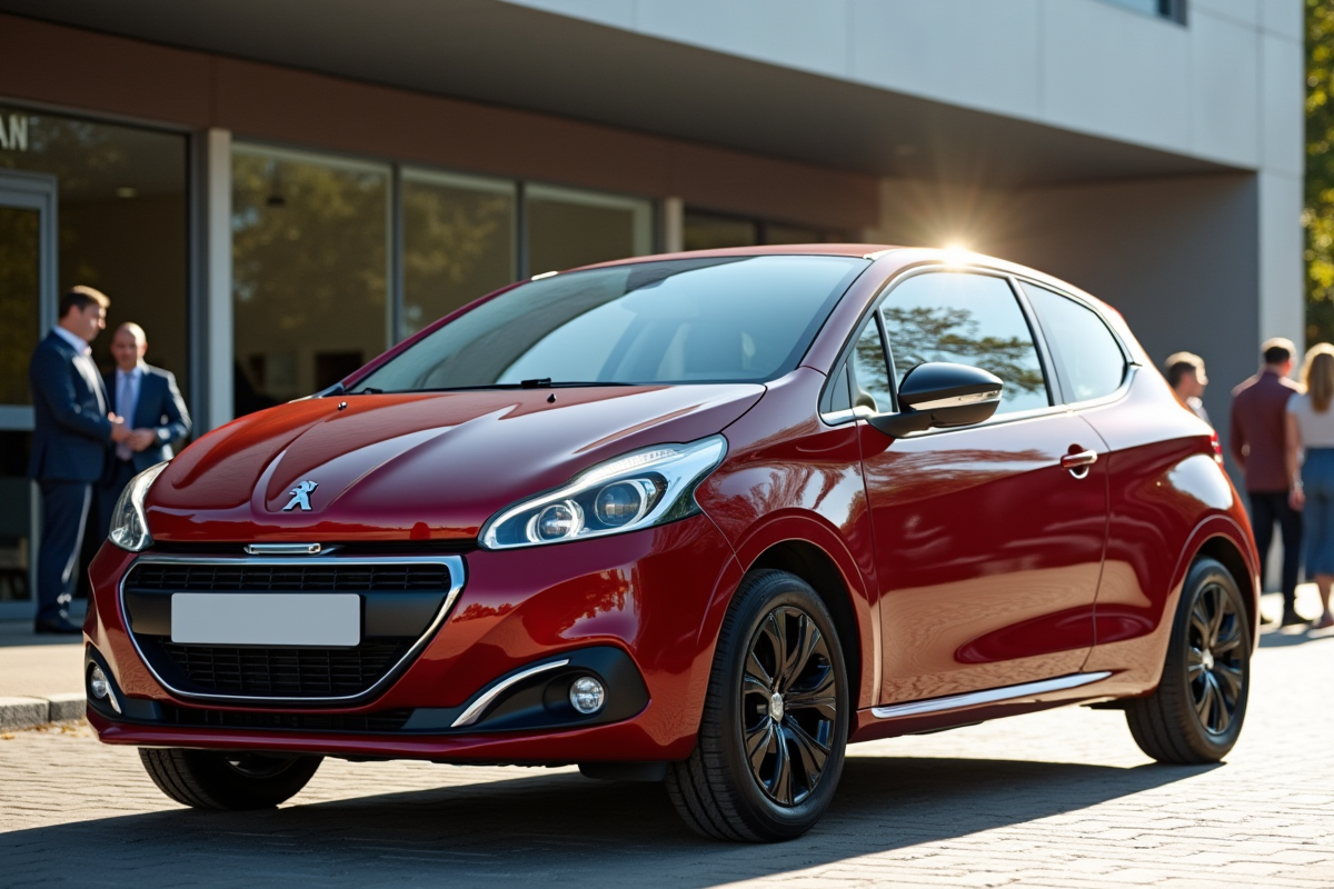 Peugeot 208 neuve devant concessionnaire ensoleillee