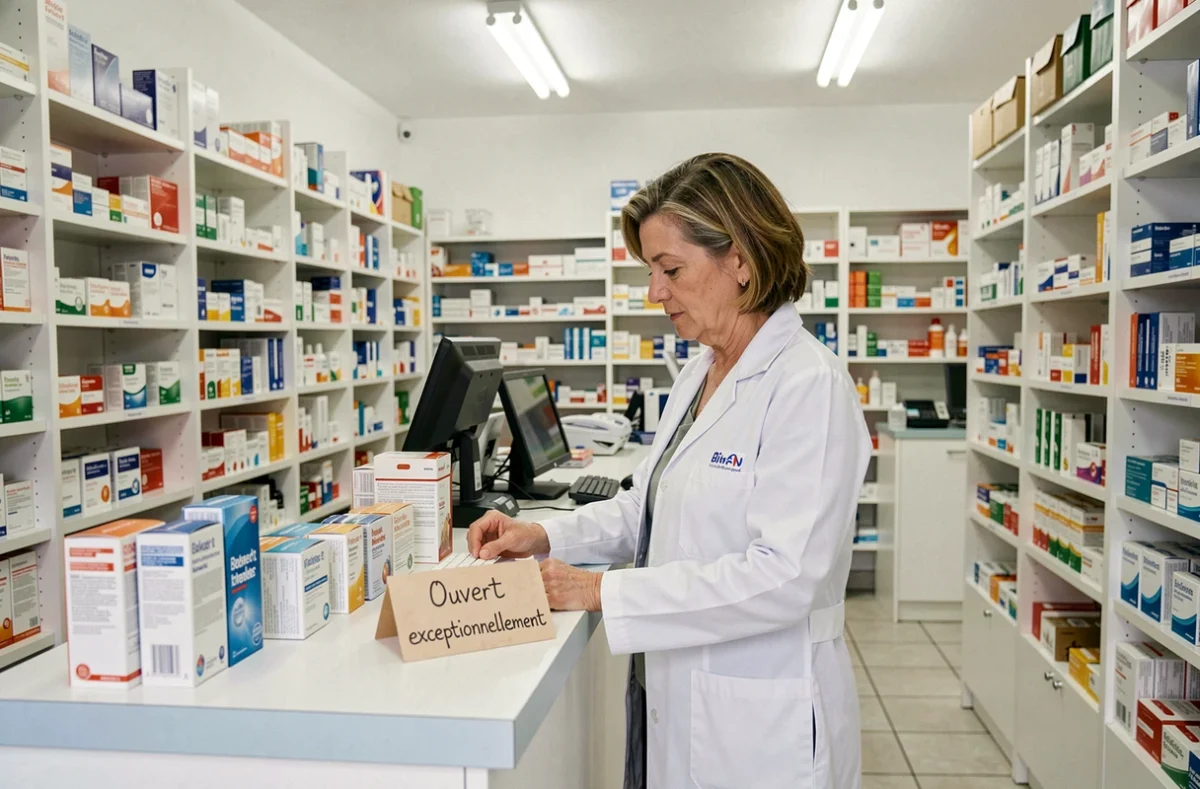 Pharmacienne en service dans une pharmacie ouverte exceptionnellement le 1er janvier