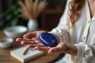 Pierre bleue sodalite posée sur la paume d'une femme dans un espace de pratique spirituelle quotidienne