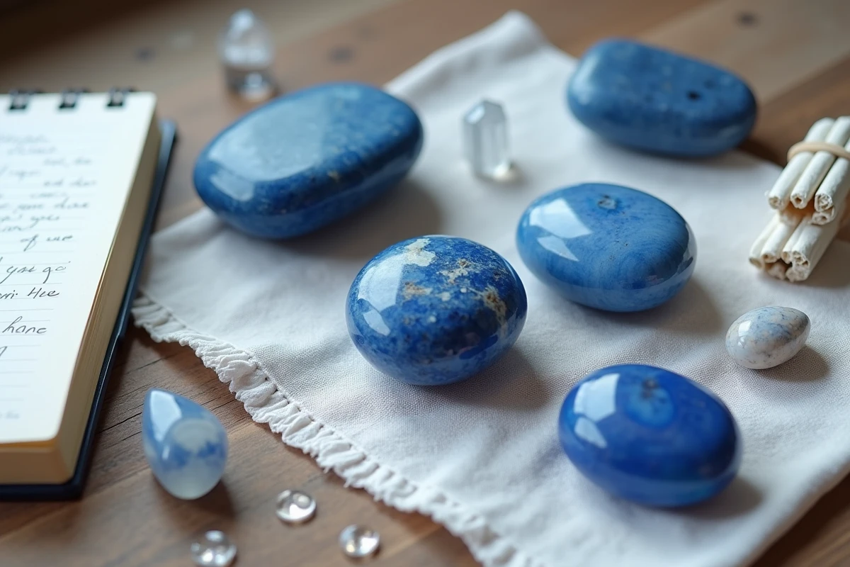 Arrangement de pierres bleues sur lin naturel avec sauge blanche et carnet dans un cadre spirituel