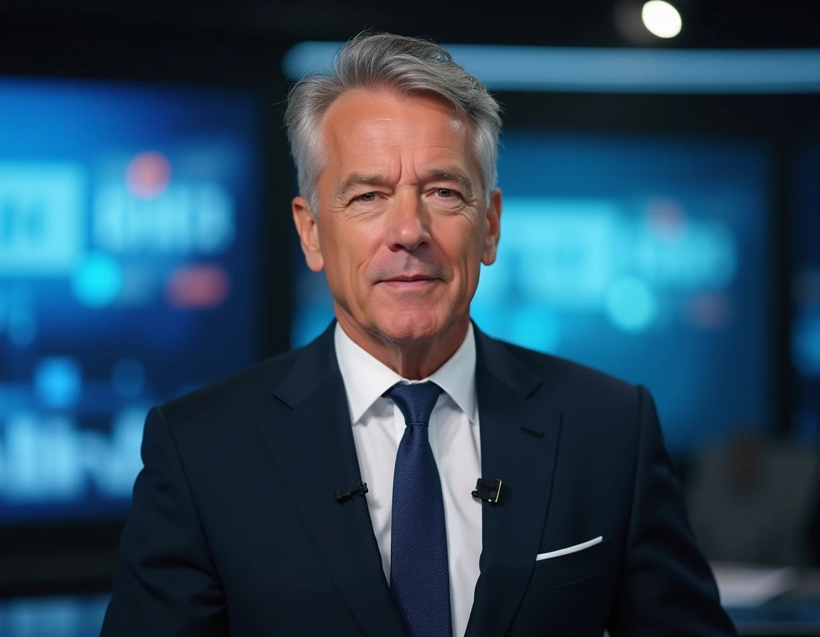 Portrait d'un présentateur homme de chaîne d'information en direct face caméra dans un studio de news