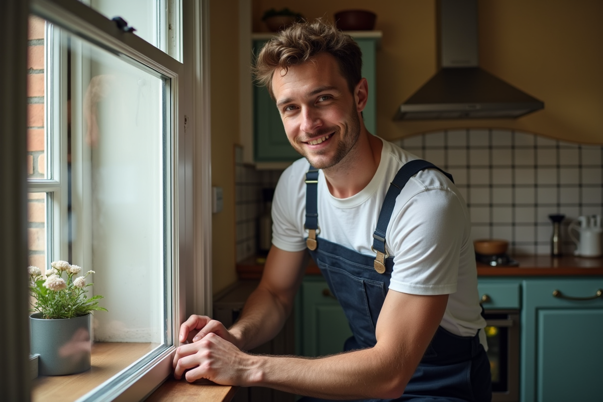 Jeune homme posant des joints d’isolation dans une cuisine ancienne