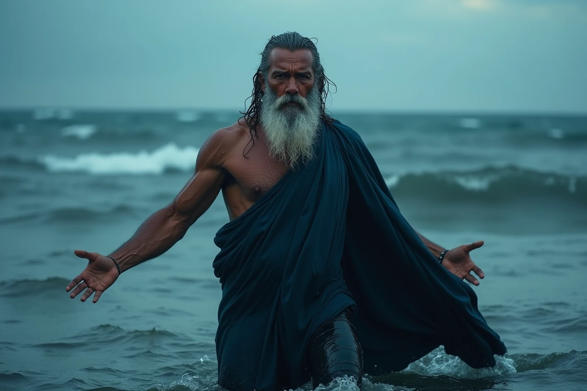 Homme au visage austère incarnant Poséidon dieu grec de la mer, debout dans des eaux sombres et agitées, vêtu d'un drapé bleu océan à l'antique