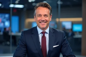 Présentateur de télévision français en costume marine assis au bureau d'un plateau de news moderne