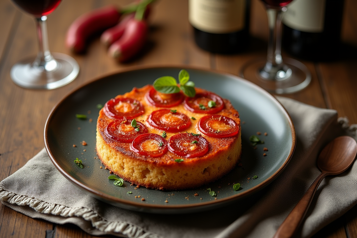 Gâteau de chorizo servi sur assiette avec bouteilles de vin