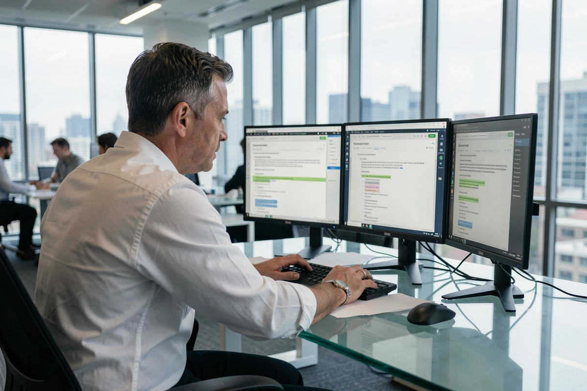 Professionnel en bureau comparant deux outils de correction grammaticale sur deux écrans, dont Reverso Correction et un correcteur de navigateur
