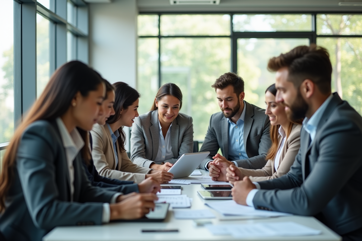 Groupe de professionnels dans un bureau lumineux en réunion