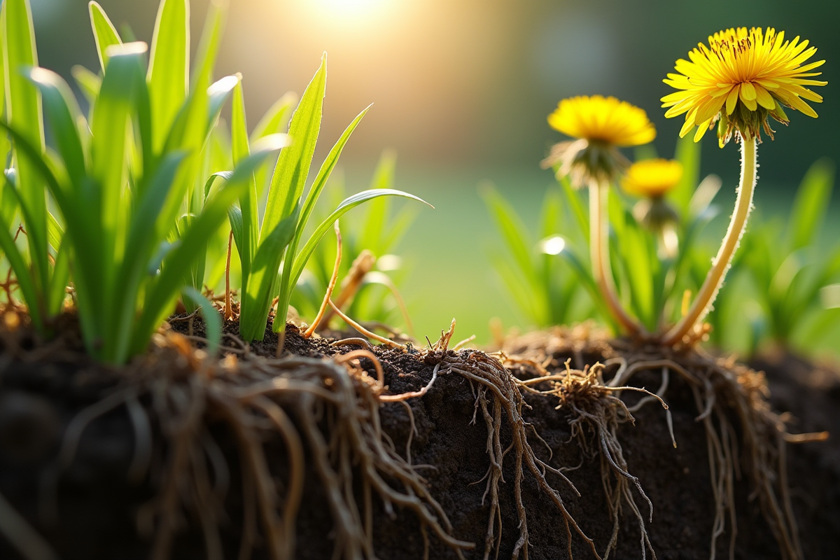Racines de pissenlit et mauvaises herbes fanées près de plantes vertes