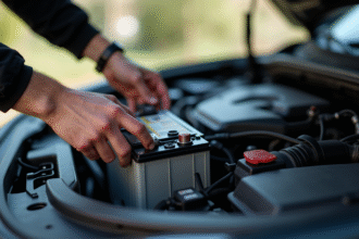 Gros plan sur des mains changeant une batterie de voiture