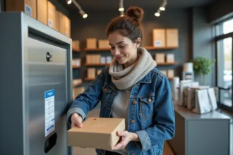 Femme déposant un colis dans un automate de poste moderne