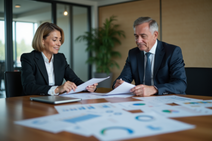 Hommes et femmes en réunion d'affaires dans un bureau moderne