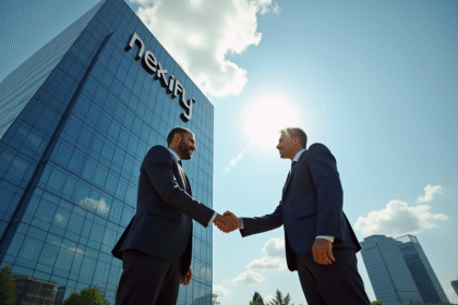 Deux professionnels serrant la main devant un bâtiment Nexity moderne