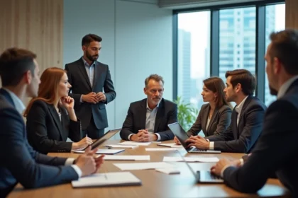 Groupe de professionnels en réunion dans un bureau moderne